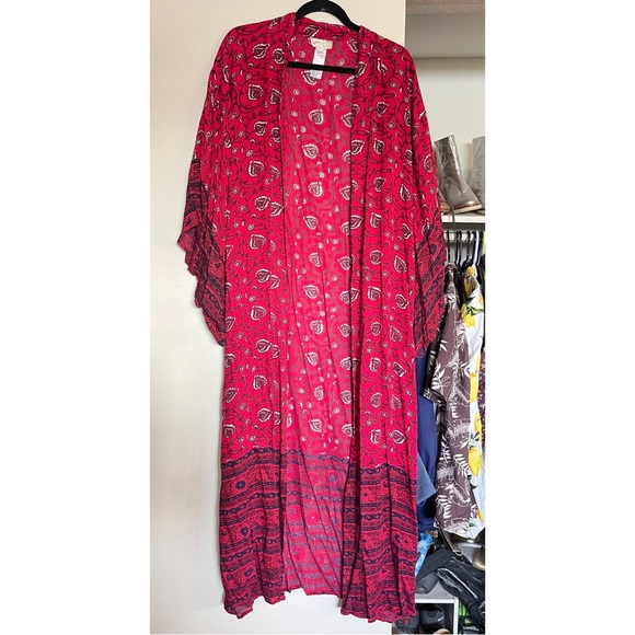 Free People Red Vineyard Border Print Kimono Duster Maxi O/S - Picture 2 of 7